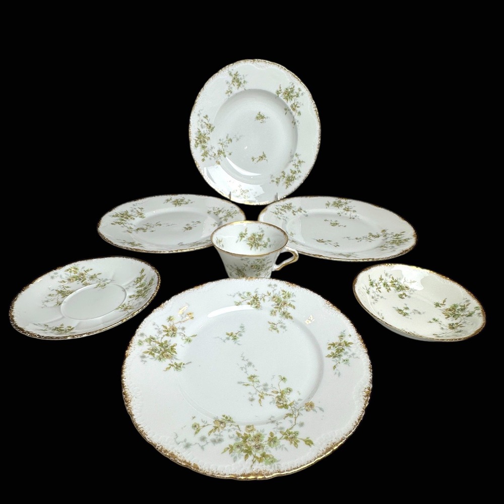 Theodore Haviland Limoges France China Set Green Floral Gold Scalloped 7 Piece‎